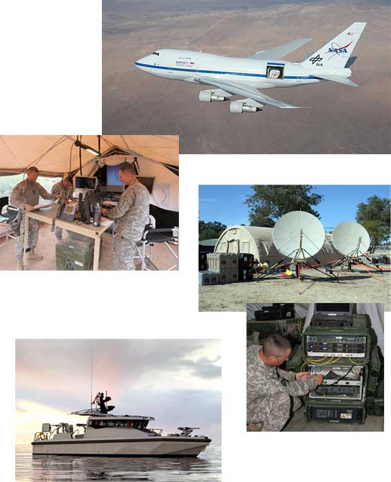 A photo collage representing applications for rugged PDUs in military vehicles, mobile camps, and other harsh environments.