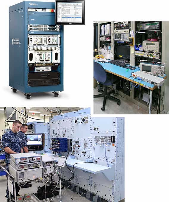 A photo collage representing applications for test and ATE PDUs from Marway.