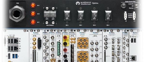 A Marway PDU adjacent a PXI test equipment chassis.