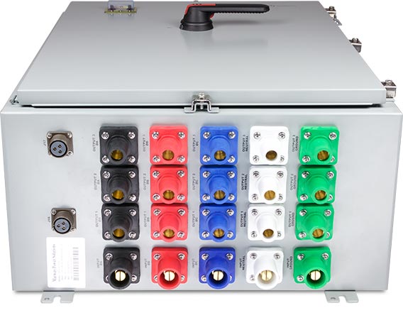 An industrial PDU within a NEMA 4 enclosure for 400 amp three-phase power.