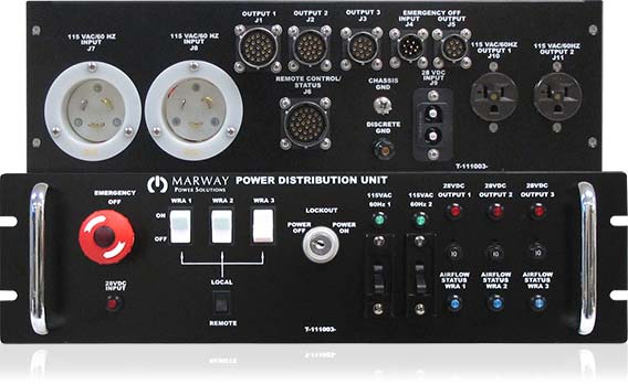 A photo of a rackmount military PDU with a variety of controls and rear connectors.