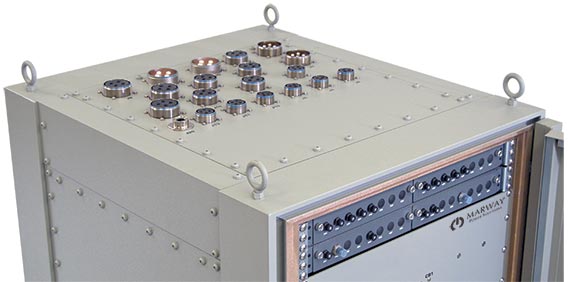 A photo of the top of a power distribution rack built to military specifications for shock and vibration for a combat ship application.