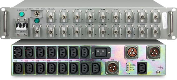 A photo of the front and back of a custom PDU for a shipboard radio communication application.