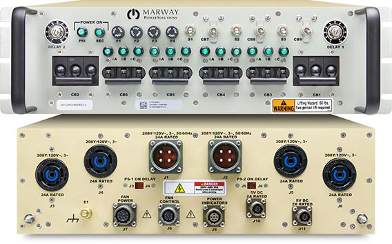 A photo of the front and back of a custom PDU for a shipboard radar controls application.