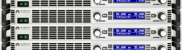 A photo of a stack of Marway's 300 Series 1U dc autoranging, programmable power supplies.