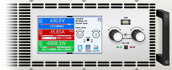 A photo closeup of Marway's 4U rackmount dc bidirectional dc power supply control panel.