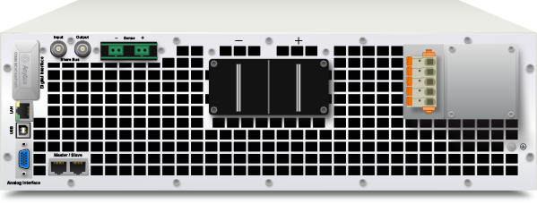 The back of  Marway's DC programmable power supplies showing the connectivity features.