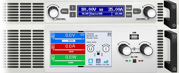 A photo closeup of Marway's 1U and 2U rackmount dc programmable dc power supply control panels.