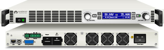 Front and back of an mPower 300 1U dc power supply feature autoranging output power.