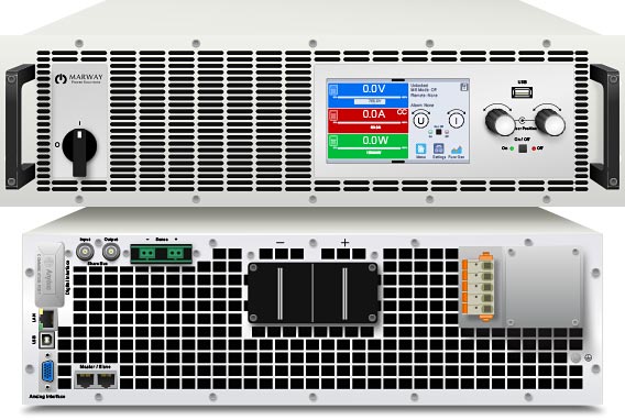 Front and back of an mPower 311 4U dc power supply feature autoranging output power.