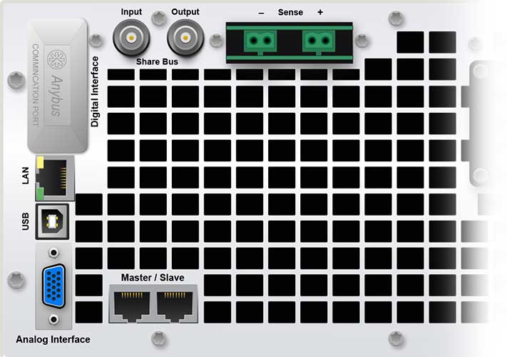 The back panel connectors of the mPower 411 2U dc power supplies showing the connectivity options.