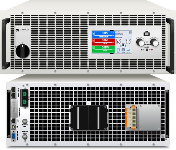 Front and back of an mPower 311 4U dc power supply feature autoranging output power.