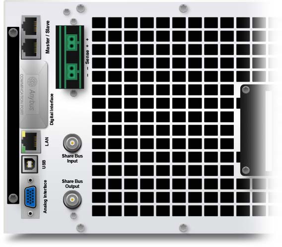 The back panel connectors of the mPower 311 4U dc power supplies showing the connectivity options.
