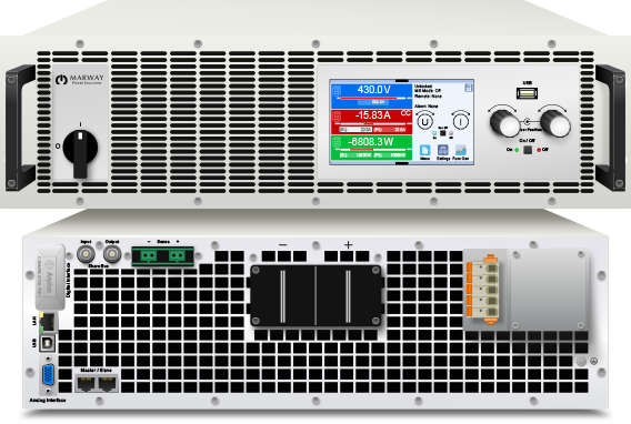 Front and back of an mPower 411 4U bidirectional dc power supply.