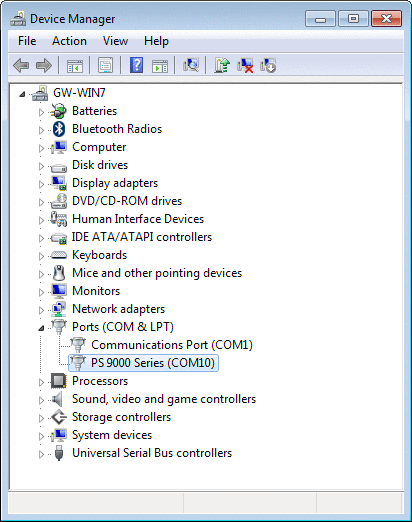 A screenshot of Microsoft Windows Device Manager window showing the PSI 9000 USB driver for the mPower 310 and 320 Series.