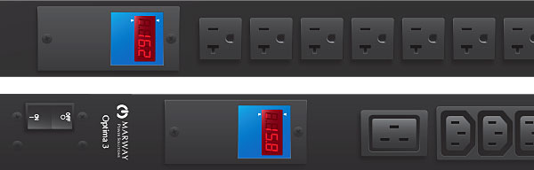 A cropped closeup of Optima 329 smart PDU outlets and breakers.