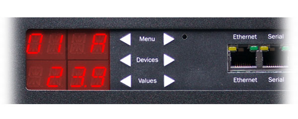 A cropped closeup of Marway's RCM 1U smart PDU display and keypad.