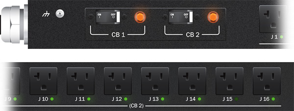 A cropped closeup of Marway's Optima 829 smart PDU outlets and breakers.