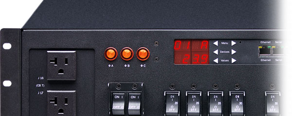 A cropped closeup of Marway's Optima 833 3U smart 3-phase PDU control panel.