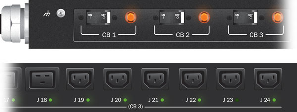 A cropped closeup of Marway's Optima 839 vertical smart 3-phase PDU outlets and breakers.