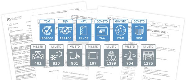 Illustration of standards badges overlaying quality control documents in the background.