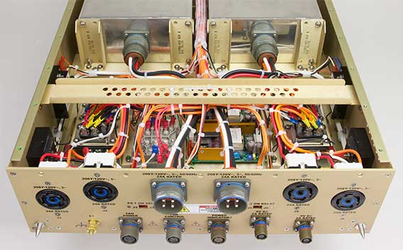 A custom PDU photo showing custom combination of EMI filtering, power conversions, unique outlets, and more.