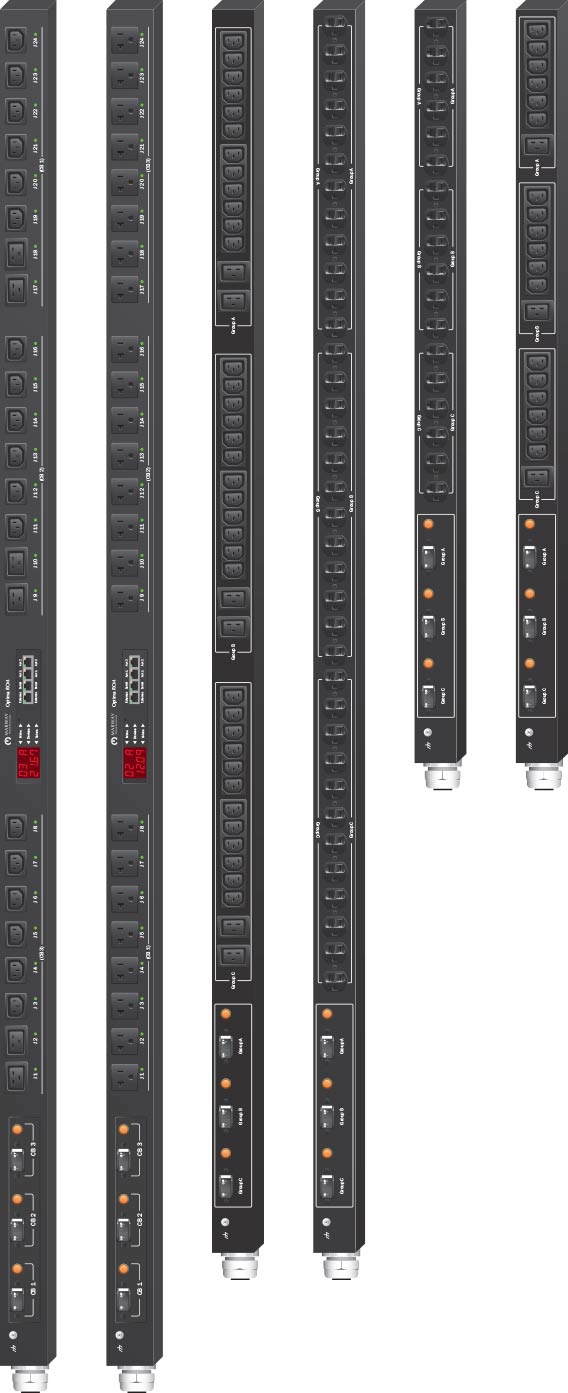 Marway 120/208 Vac PDUs in various vertical 0U basic and smart configurations.