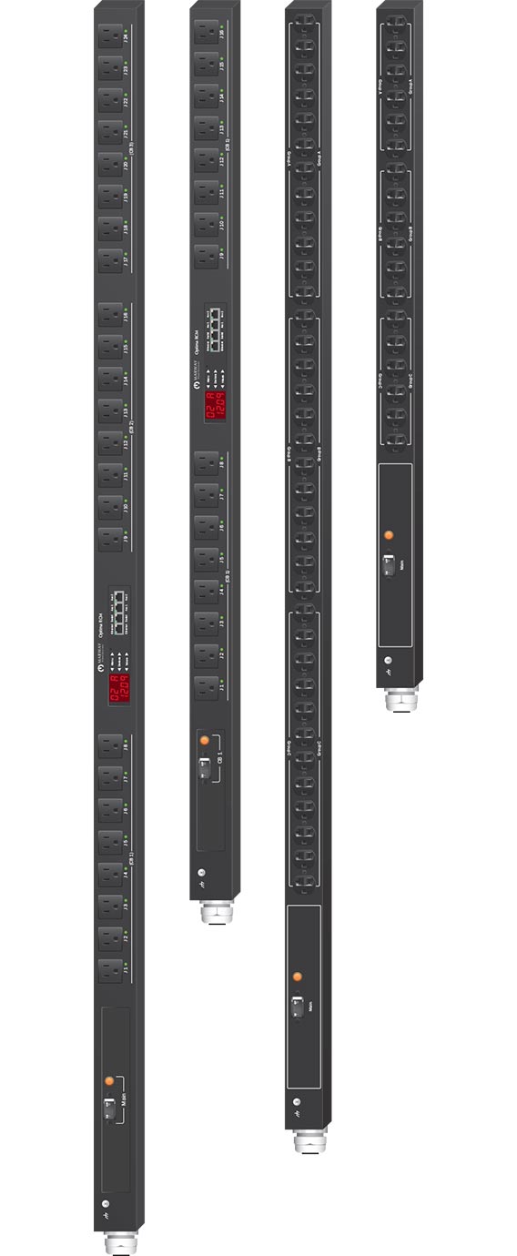 Marway 15-amp PDUs in various vertical 0U basic and smart configurations.