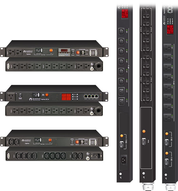 Product examples from the line of Optima standard industrial, single-phase PDUs.
