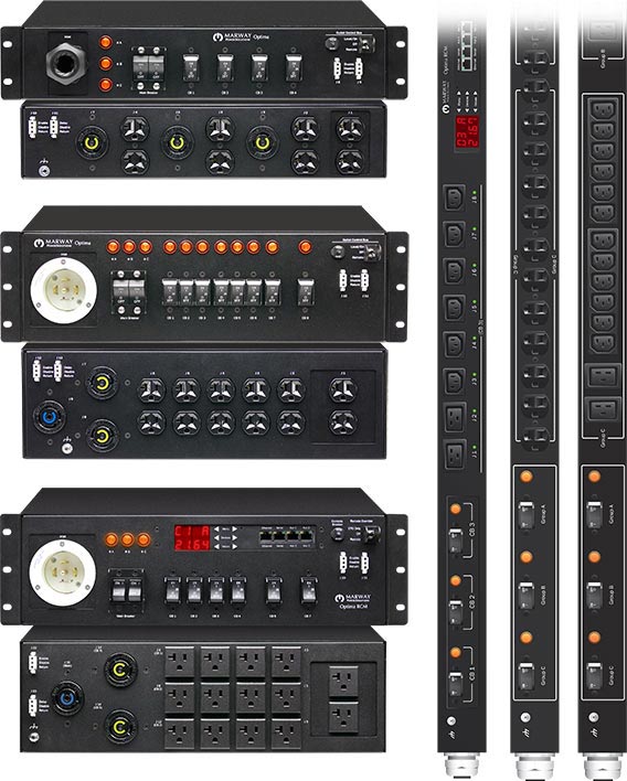 Collage of three-phase PDUs from Marway's Optima product lines.