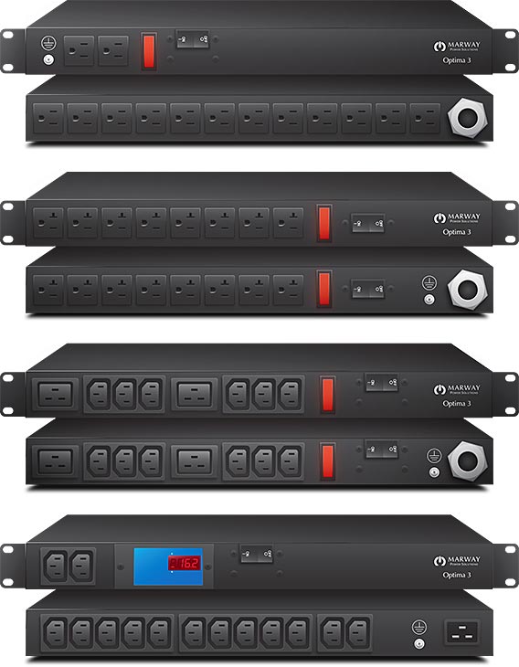 Illustrated product examples from the line of Optima 320 standard light industrial PDUs.