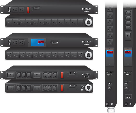 Illustrated product examples from the line of Optima 320 and 329 standard light industrial PDUs.