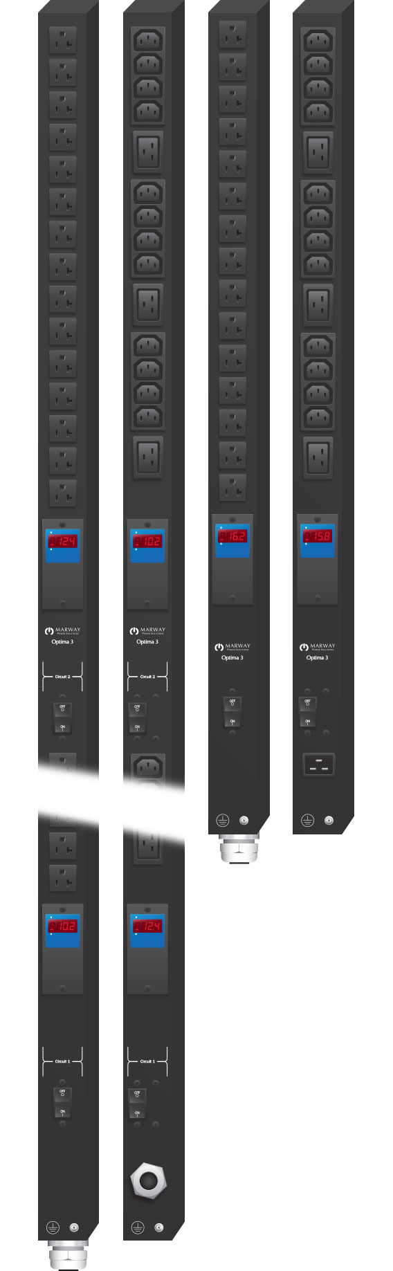 Product examples from the line of Marway's Optima 329 vertical 0U single-phase PDUs.