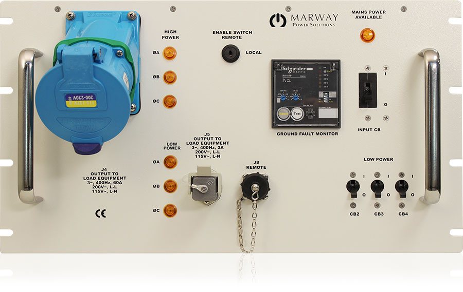 Photo of a 400 hertz power distribution unit front panel.