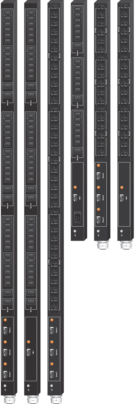 Product examples from the line of Marway's Optima 529 standard single-phase vertical PDUs.