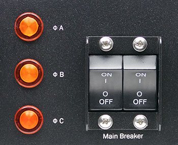 A closeup of the Optima 532 industrial PDU main power controls.