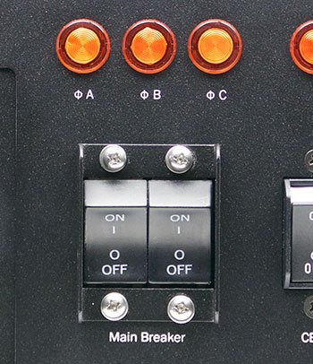 A closeup of the Optima 532 industrial PDU main power controls.