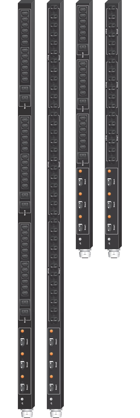 Product examples from the line of Marway's Optima 539 standard three-phase vertical PDUs.