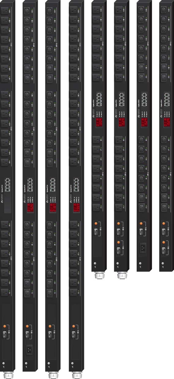 Product examples from the line of Marway's Optima 829 standard single-phase vertical smart PDUs.