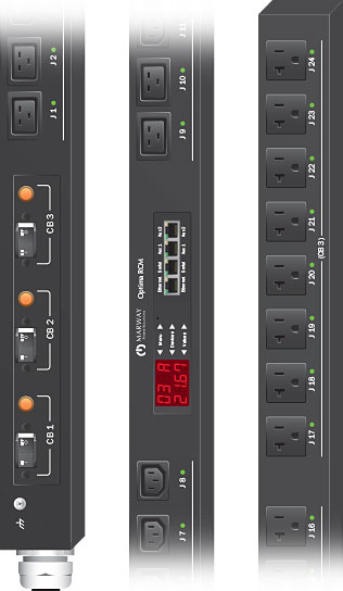 Cropped closeups from the line of Marway's Optima 829 and 839 smart PDUs.