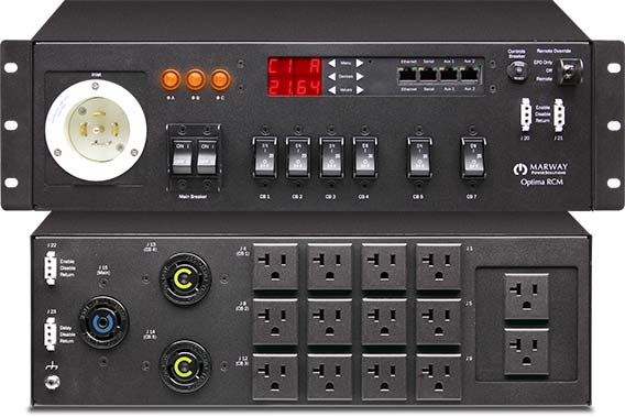 Marway 833 Series 30 Amp PDU in a 3U chassis with ethernet software, remote EPO, EMI filter, and surge suppression.