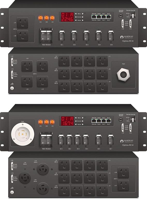 Product examples from the line of Marway's Optima 833 standard smart three-phase PDUs.