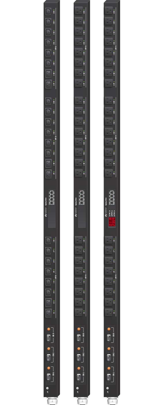 Product examples from the line of Marway's Optima 839 vertical smart three-phase PDUs.