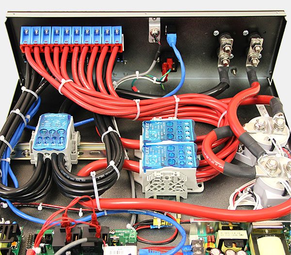 A photo of the inside of a DC PDU with remote dual channel switching.