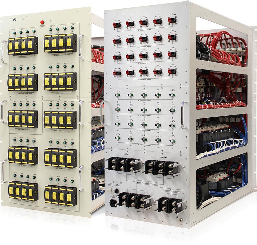 Photo of the front and back of a 20U, 40 outlet direct current PDU.