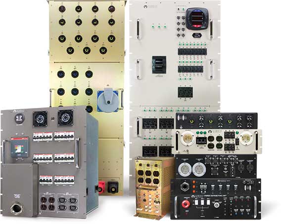 A photo of a variety of custom high current PDUs in rackmount and non-rackmount enclosures.