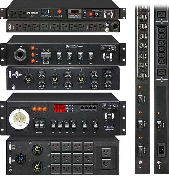 Marway Optima PDU examples including basic and smart models in various enclosure sizes.