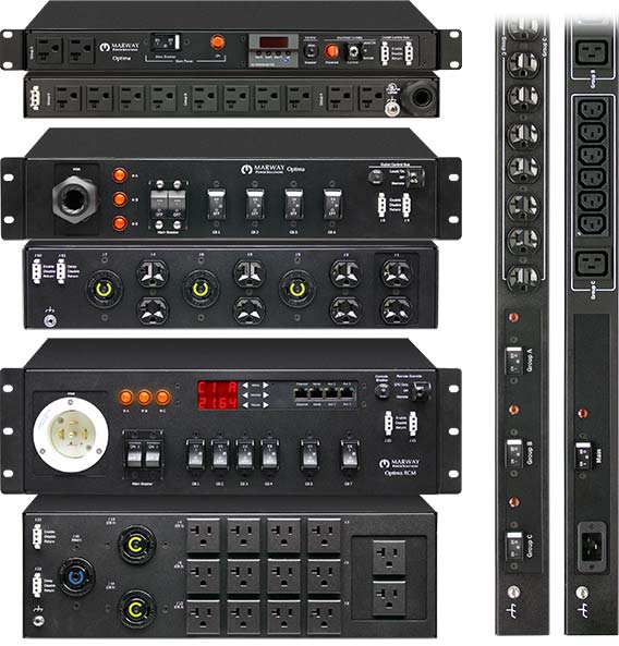 Marway Optima PDU examples including basic and smart models in various enclosure sizes. 