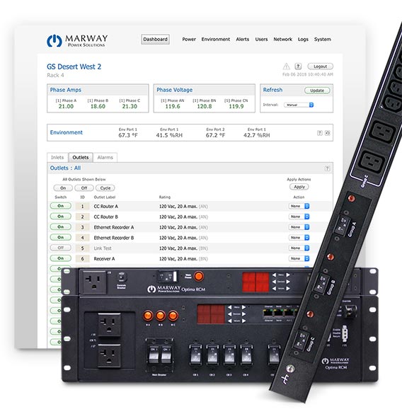 A photo collage of Marway's Optima RCM smart PDUs with the software dashboard as a background.