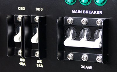 A closeup photo of a PDU control panel with circuit breakers.